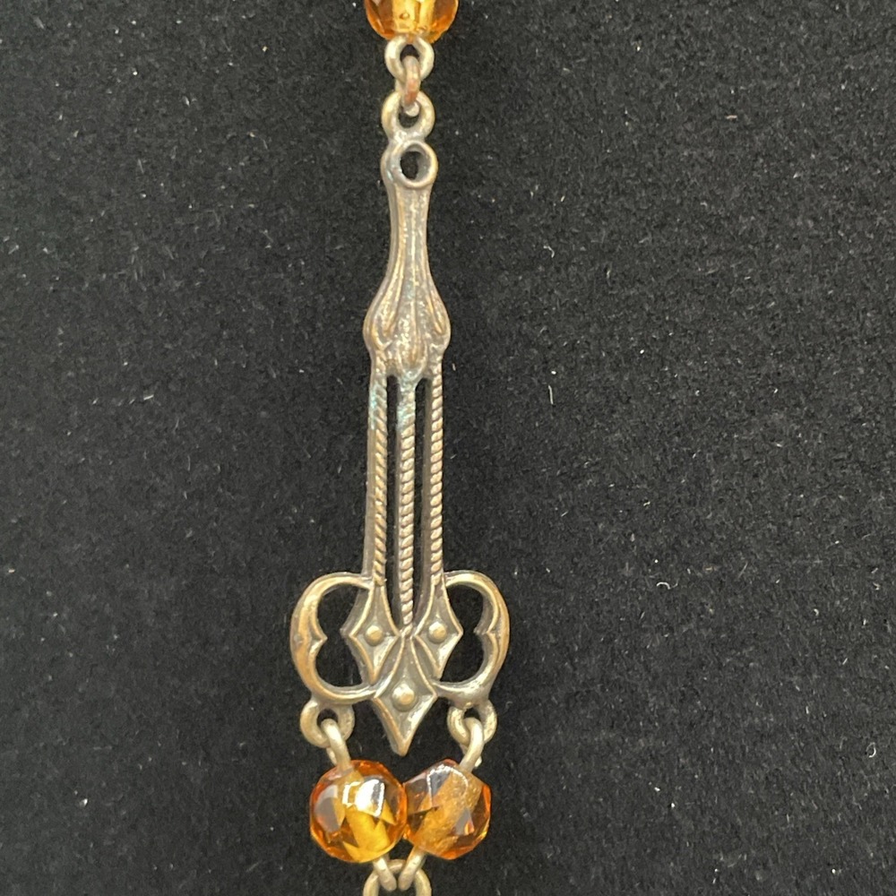 Antique c1920's Art Deco Czech Amber Glass Brass Filigree Flapper Necklace 40" - Picture 7 of 11